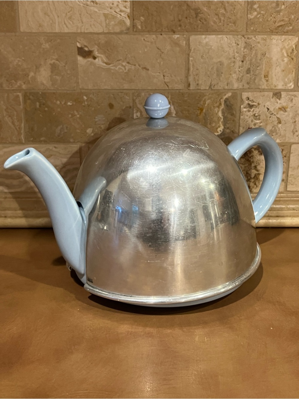 Vintage English Perwinkle Ceramic Teapot with Insulated Aluminum Cover, Used